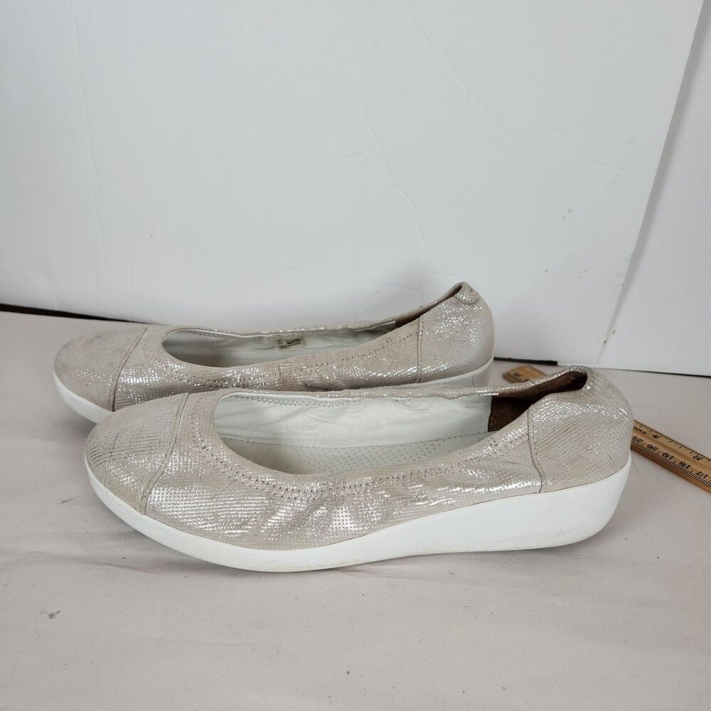 FitFlop Superbendy Ballerina Shoes Women 7 Silver Leather glittery Wedge Comfort